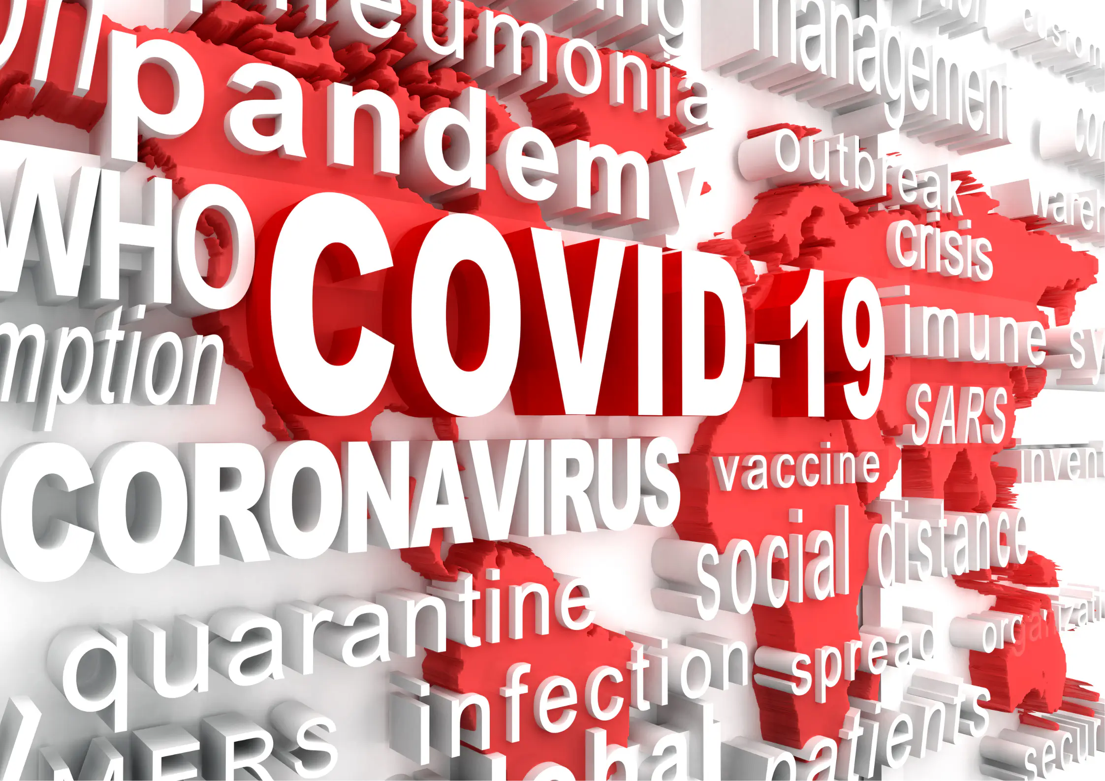 Legenda COVID-19 în fața unei hărți a lumii roșii, înconjurată de cuvinte în limba engleză legate de pandemie.